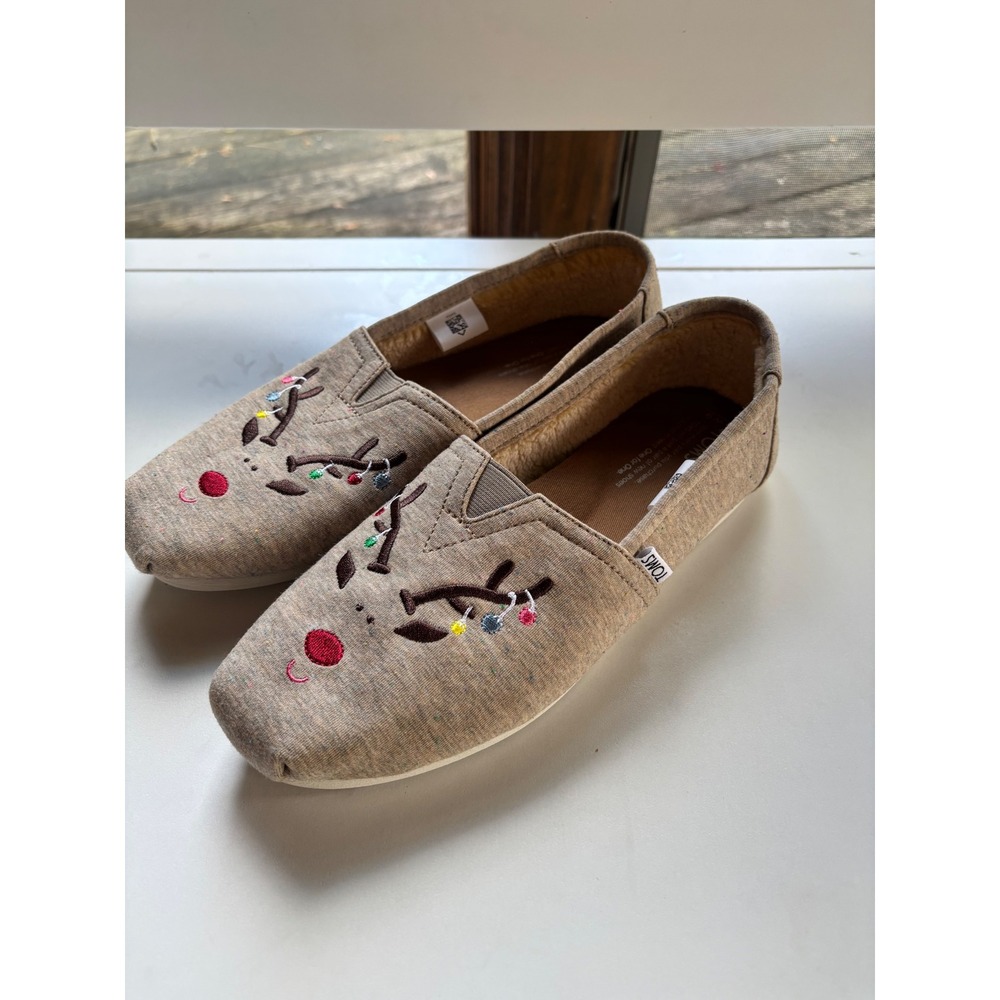TOMS Reindeer Alpargata Loafers Tan Faux Shearling Womens Size 9 - Picture 2 of 6